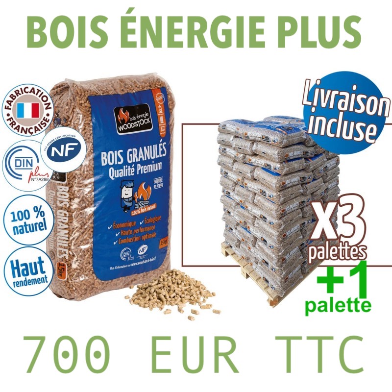 3 PALETTES + 1 OFFERTE de GRANULÉS DE BOIS WOODSTOCK